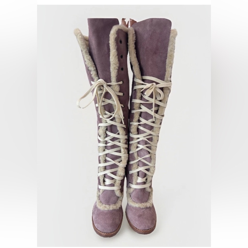 Vintage 90s Y2K Marc Jacobs Castoro Fur Lined Lace up Pink Blush Suede Heel Boot - Picture 2 of 13